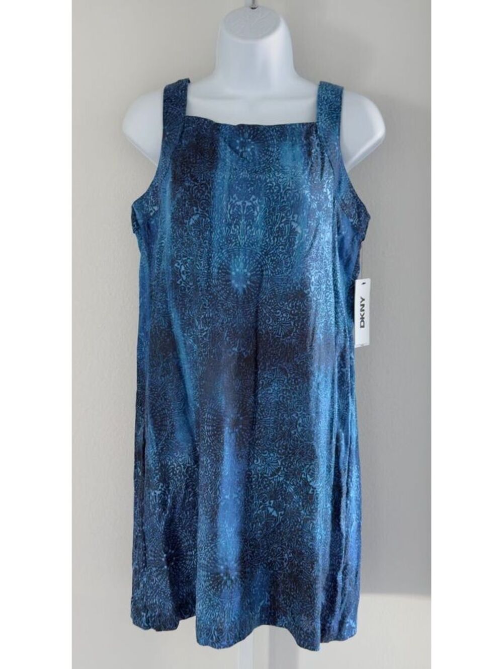 DKNY Faded-Print Square Neck Mini Shift Dress Blue Size 6 Petite